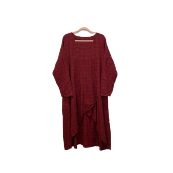 Plaid Crinkle Women's 4XL Asymmetrical Cut Tulip Hem Dress Rayon Linen Lagenlook - Picture 1 of 6